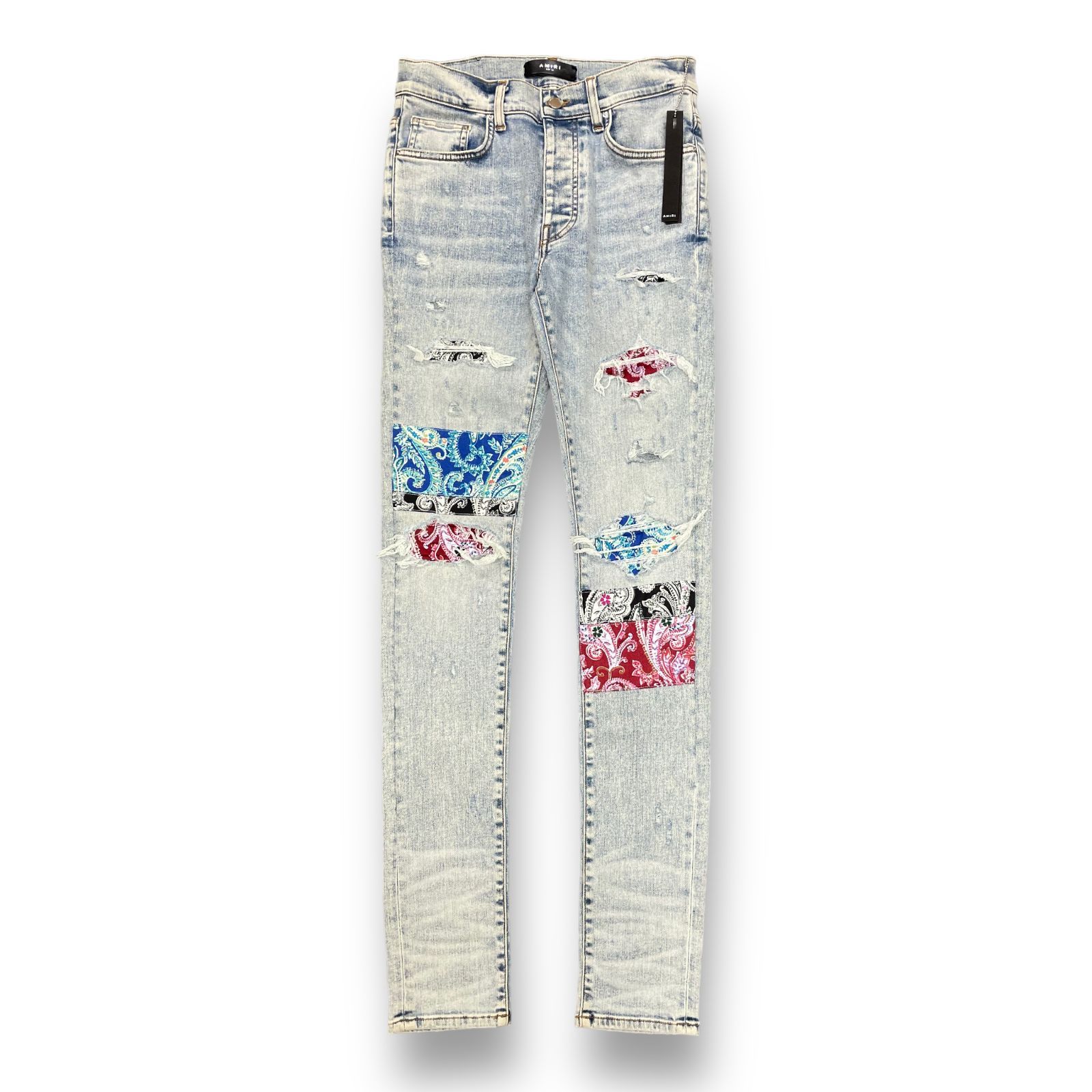 AMIRI Sideline Crush Skinny Jeans アミリ サイドラインクラッシュスキニージーンズ デニムパンツ ダメージ加工 ストレッチ ライトインディゴ×ホワイト サイズ34【230317】【-B】【me04】