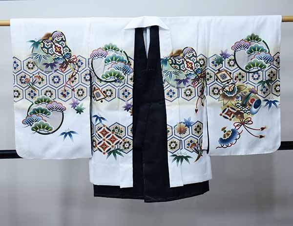 七五三 五歳 男児 羽織袴フルセット L寸 白地 鷹 袴変更可能 NO38722