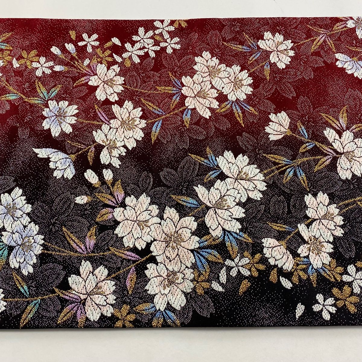 406y5☆袋帯 桜 金糸 ラメ糸☆美品 袋帯 振袖用 正絹 桜紋様 黒x紫金 金糸銀糸 ラメ糸 六通柄
