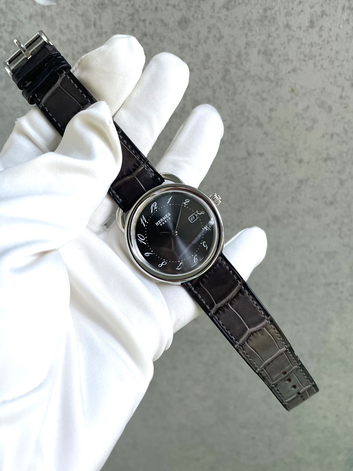 美品 Hermes エルメス アルソー グレー文字盤 AR5.710 メンズ デイト