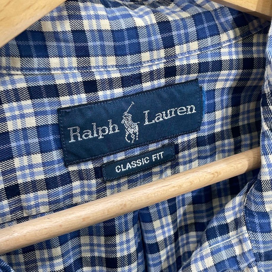 美品♪ラルフローレン コットン S 長袖シャツ 刺繍ポニー チェック ブルー Ralph Lauren ラルフローレン ポニー刺繡 チェックシャツ 長袖