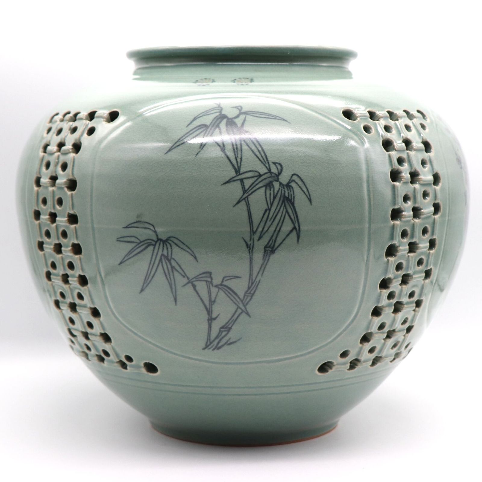 趙京 青磁 壺】花瓶 鶴 韓国 民族工芸 伝統工芸 共箱 韓国 青磁 花瓶・