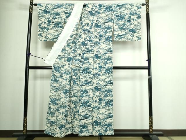 平和屋着物▽上質な小紋 単衣 本藍 型絵染 草花文 正絹 逸品