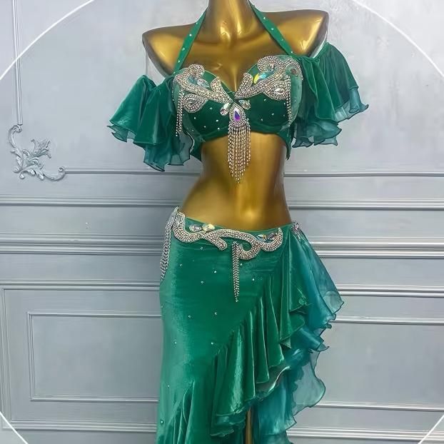 ベリーダンス衣装 トップスブラ スカート グリーン オーダーメイド