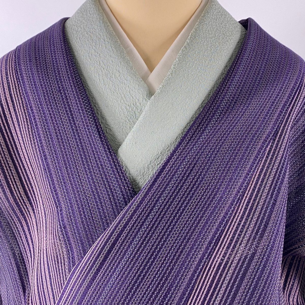 道中着 身丈118cm 裄丈66.5cm M 和装コート 縦縞 紫 正絹 美品 秀品  