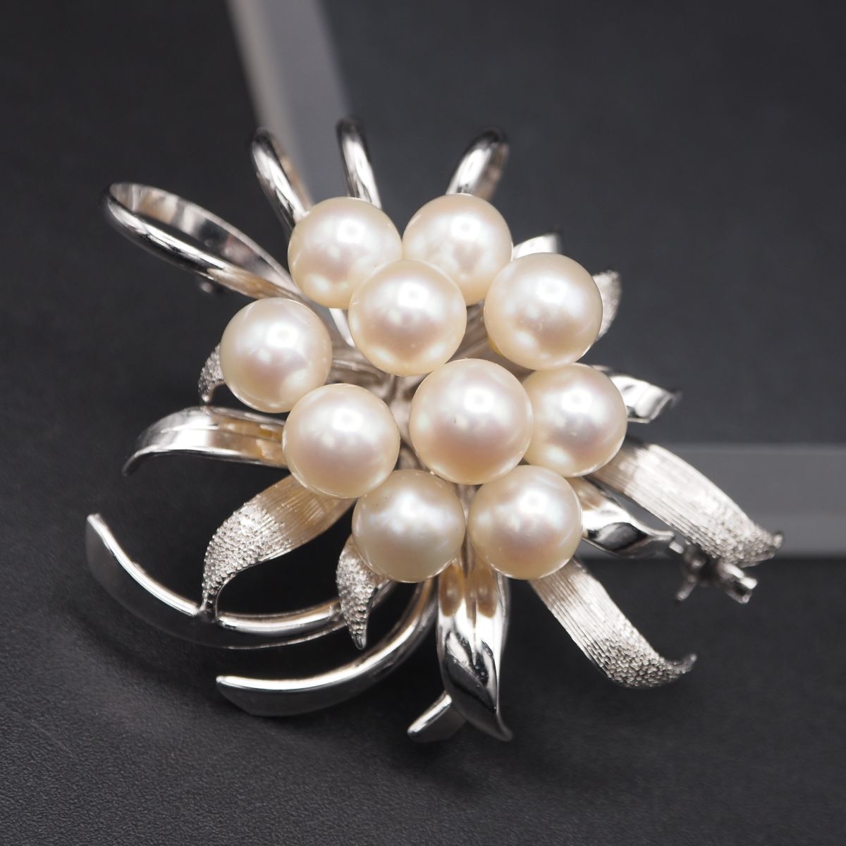 G175 本真珠 7.2-7.9mm10珠 パール STERLING刻印 ブローチ デザイン シルバー コサージュ 6月誕生石
