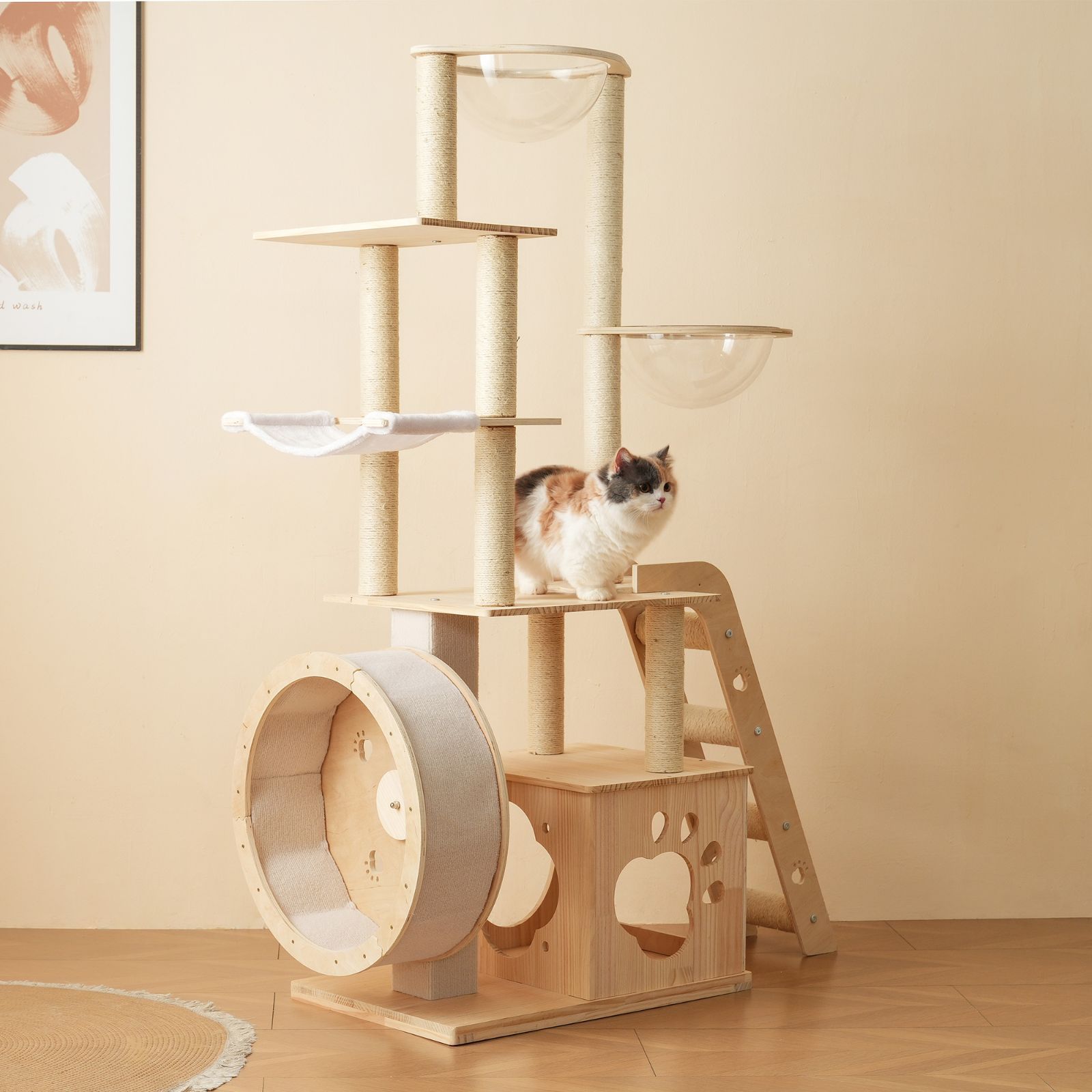 キャットタワー 猫タワー キャットツリー 据え置き ランニングホイール付き 多頭飼い 宇宙船 ネコタワー 高さ165.5cm 上り下りしやすい 爪とぎポール 木製 可愛い 子猫 大型猫 ペット用品 高い安定性 運動不足解消 おしゃれ 頑丈