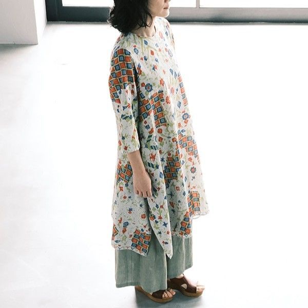 TANABANA ワンピース レディース チュニック 春 夏 きれいめ 50代 40代 綿 麻 7分袖 コットン プリント