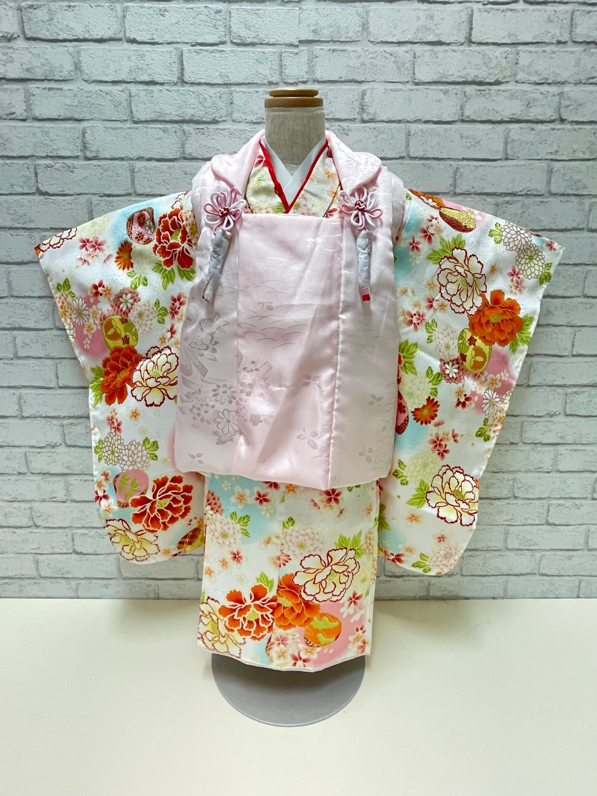 508ag77◎七五三 三歳 女の子 アンティーク着物&被布 レトロ 鶴菊楓