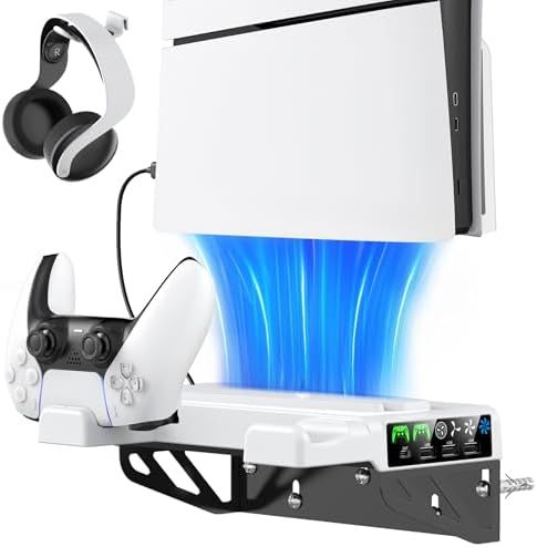 PS5|Slim|Pro ウォールマウントキット 冷却ファン-充電ステーション付き PS5シェルフフローティングマウント すべてのPlayStation 5|Slim|Proディスク-デジタルコンソール用 PS5ウォール
