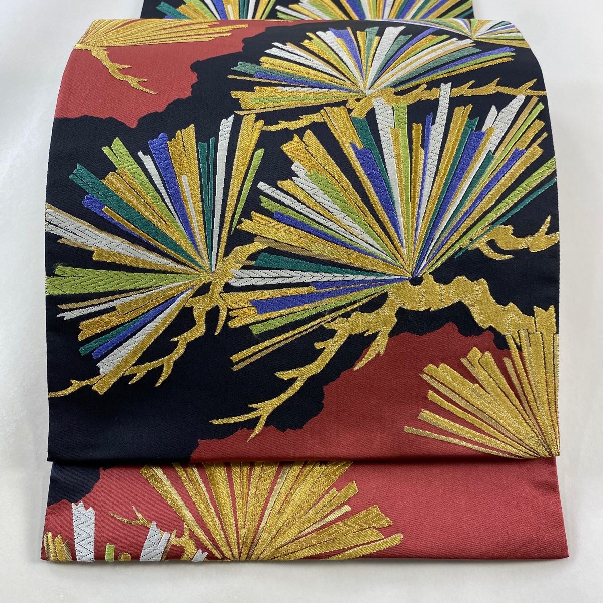 袋帯 秀品 織悦 落款 花唐草 箔 朱色 全通 正絹 中古 袋帯 美