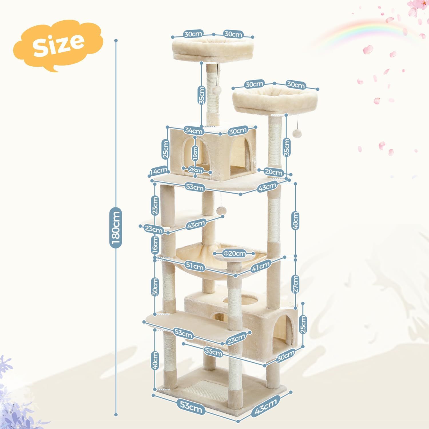  コンパクト 多頭飼い 据え置き型 大型猫用 スリム ハンモック 麻紐爪とぎポール 猫のおもちゃ キャットタワー 転倒防止ベルト付き 展望台 猫ベッドカバー取り外し 運動不足解消 ぺテぺラ - 高さ180 cm ベージュ その他 猫用品