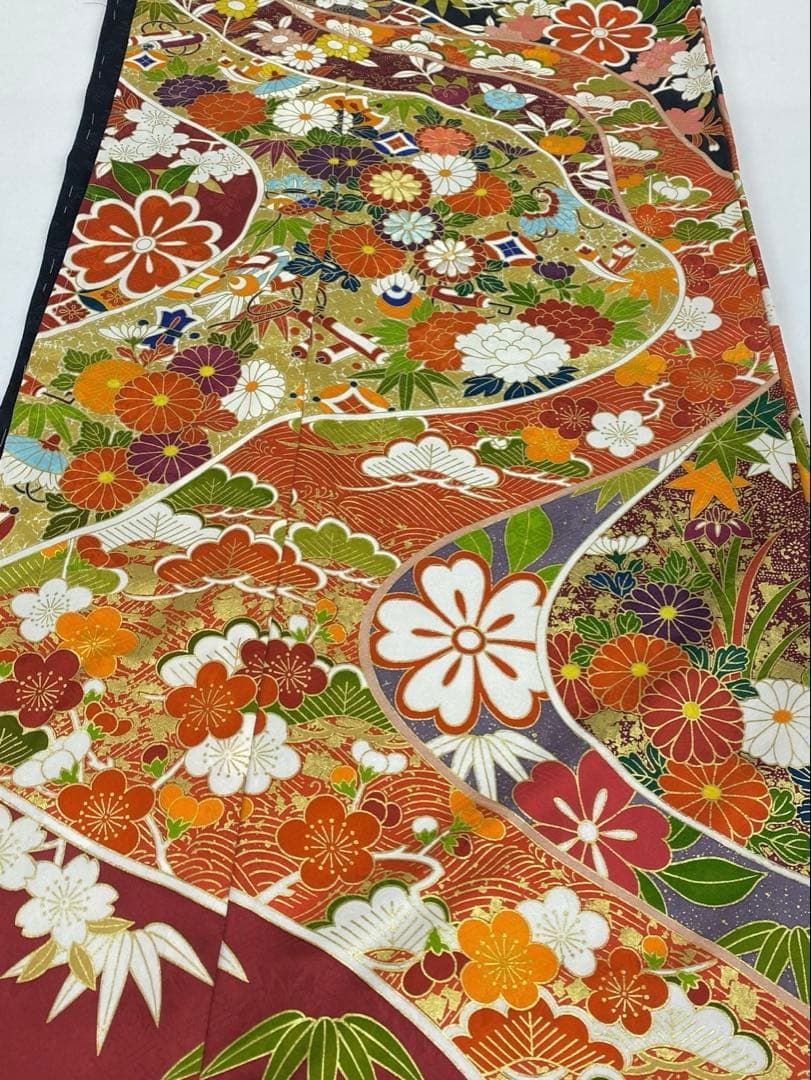 振袖 仮絵羽 青柳 刺繍 金駒 金彩 紋意匠 正絹 未仕立て品 八掛付き 