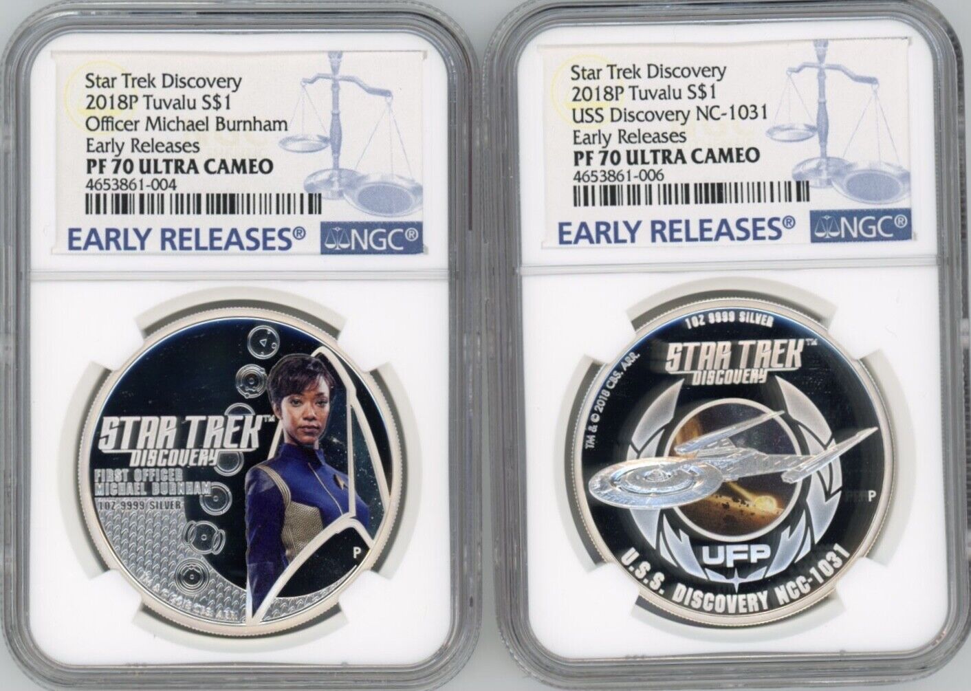 2 COIN SET STAR TREK 2018 TUVALU S DISCOVERY NCC-1031 OFFICER BURNHAM NGC 70