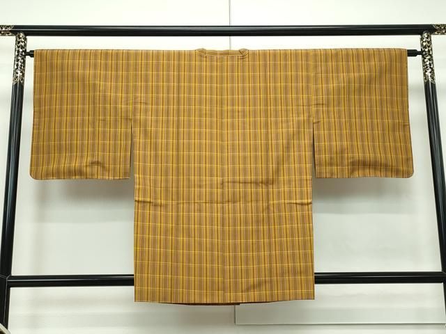 平和屋本店□極上 本場黄八丈 平織 道行コート 紬 格子柄 逸品 未使用  