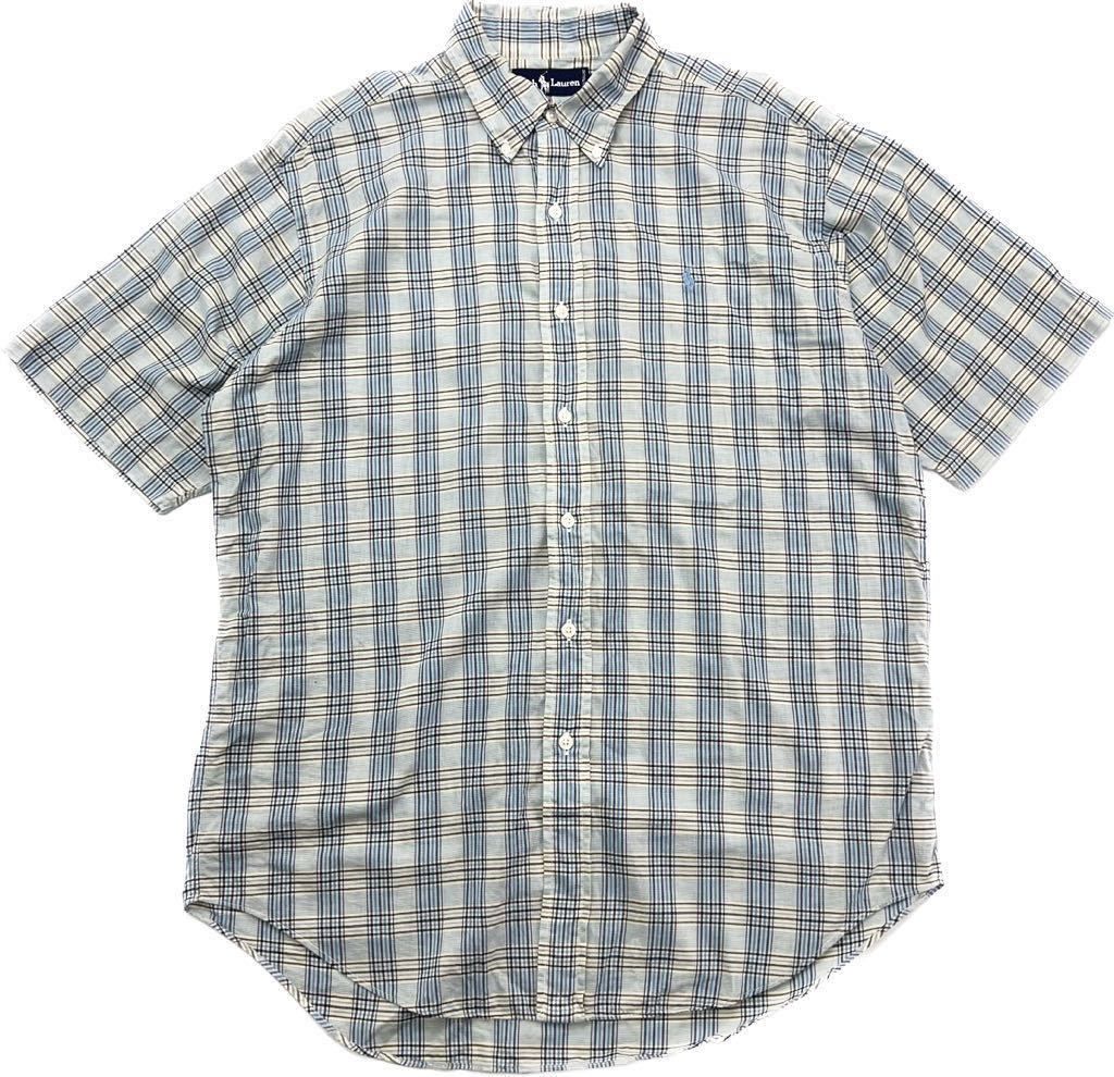 RALPH LAUREN  キレイな配色パターン 半袖 チェック ボタンダウン シャツ グレー ライトブルー L アメカジ 古着 ラルフローレンAE246