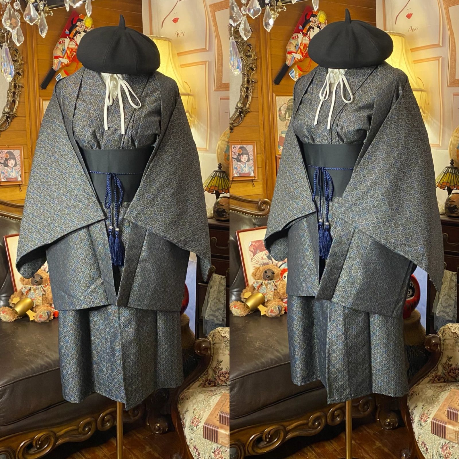 着物リメイクワンピース アンサンブル 帯サッシュベルト付き 和洋折衷 ハンドメイド レトロ 古着 青墨×微細花菱幾何 aKW-93