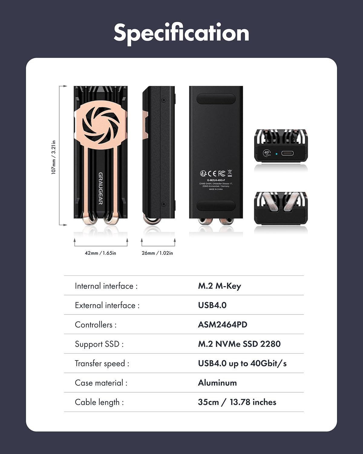 新着商品 外付けケース Thunderbolt SSD 4 3対応 USB4 M.2 SSD ケース NVMe アルミ製M.2 SSD 4.0 外付け USB エンクロージャ 二つの純銅のヒートパイプ 40Gbps超高速 GRAUGEAR 内蔵冷却ファン付き