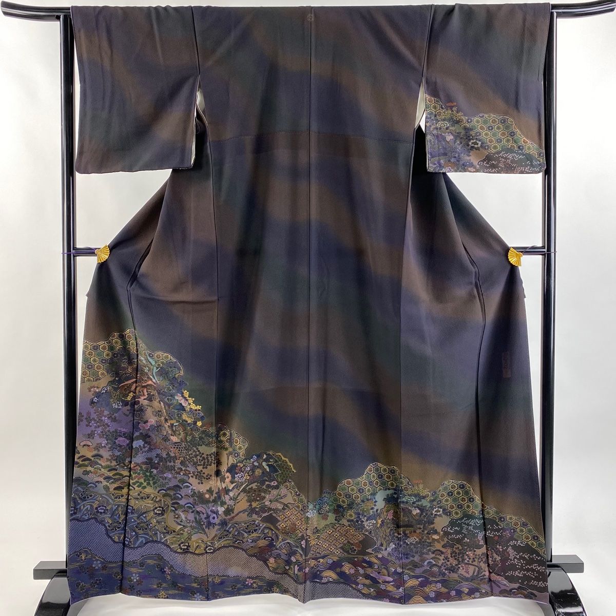 訪問着 身丈166cm 裄丈65.5cm M 袷 前田仁仙 落款 鳳凰 草花 金彩 ぼかし 濃紫 正絹 秀品 一つ紋