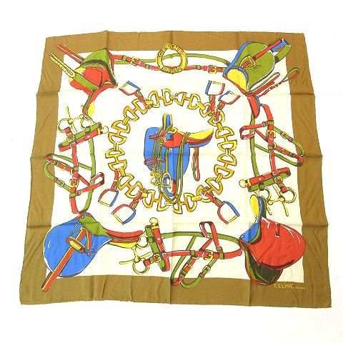 セリーヌ CELINE スカーフ ストール 大判 馬具柄 シルク 白 ホワイト