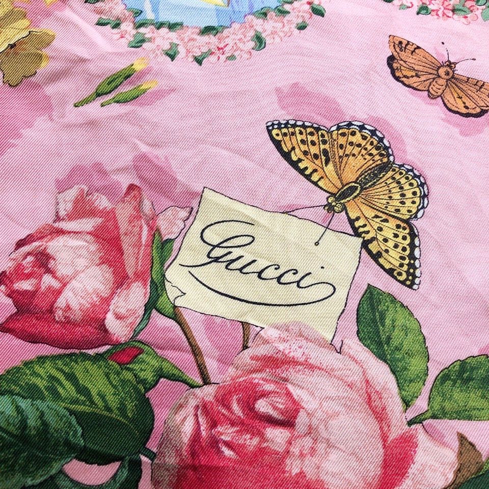 GUCCI グッチ 大判スカーフ フローラ シルク100% 花柄 ロゴ ピンク 86
