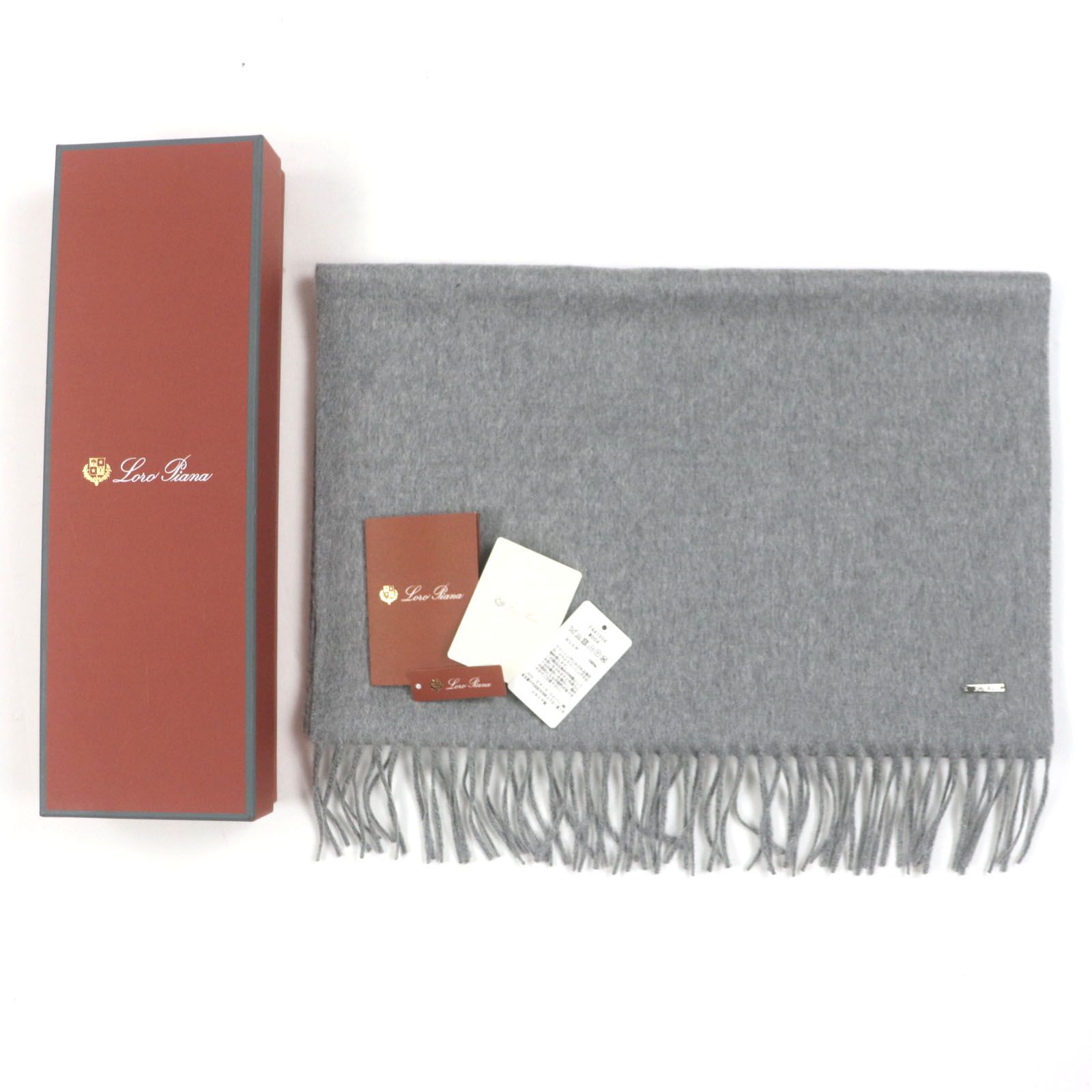 Loro Piana ロロピアーナ カシミヤ ロゴプレート フリンジ付き マフラー グレー き イタリア製 メンズ シンプル◎