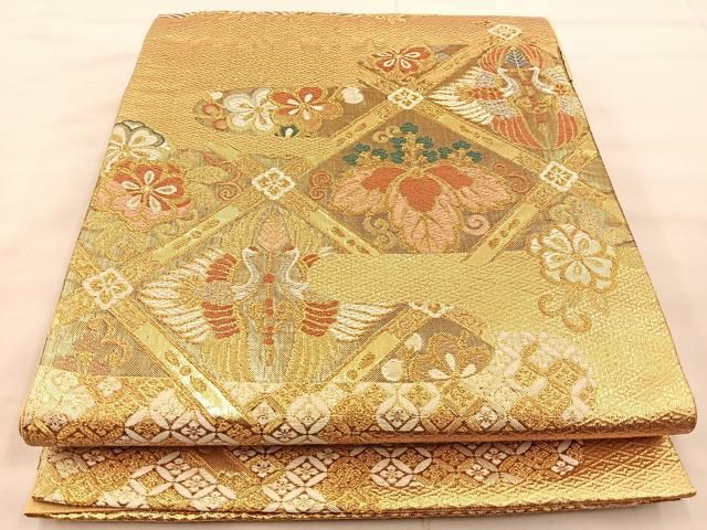 平和屋着物◎六通柄袋帯 菱天井向かい鶴花文 金銀糸 正絹 逸品