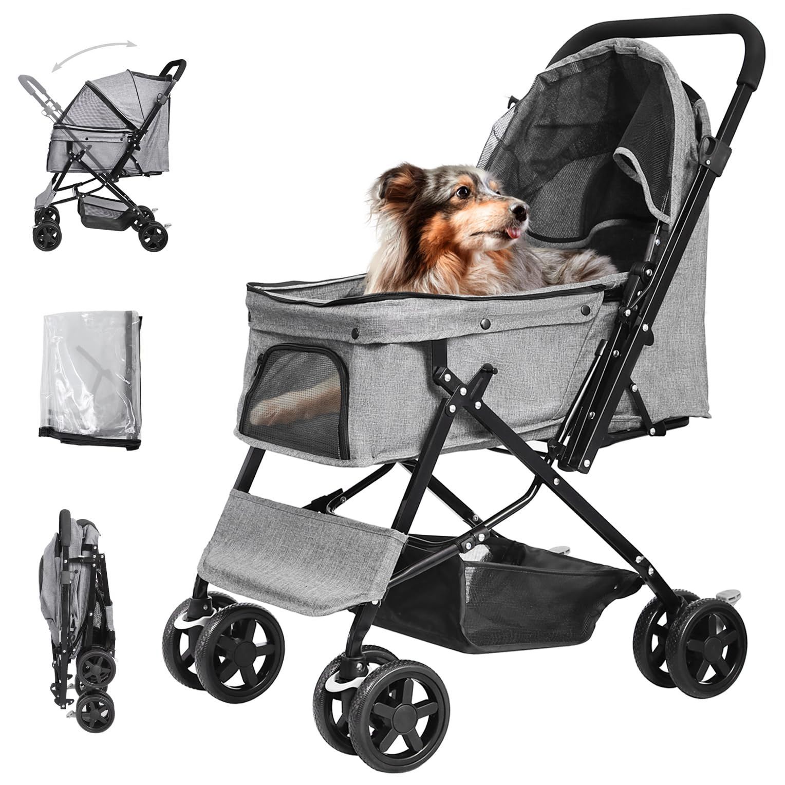 お出かけ 老犬 猫犬兼用 通院 多頭用 介護用 小型犬 中型犬 後輪ブレーキ付 前輪360度回転 ペットバギー 4輪 猫バギー ドッグカート 犬用ベビーカー 2way 耐荷重20KG 対面式 折りたたみ グレー 軽量 ペットカート レインカバー付き
