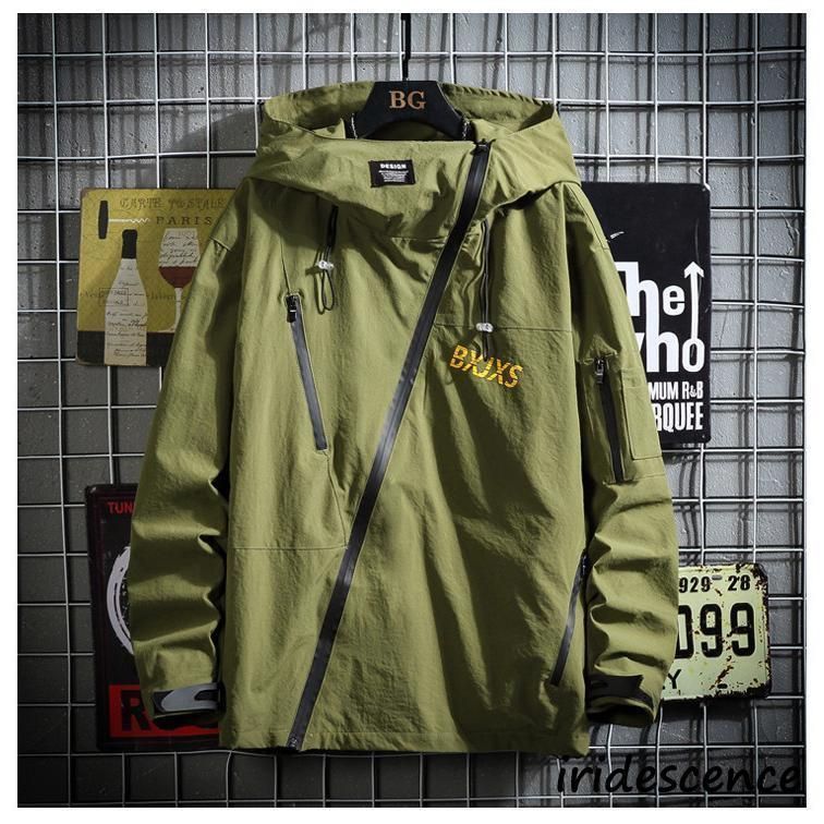 マウンテンパーカー メンズ ハイネック ボリュームフード お洒落 ジャケット アウター 斜めのジップ アメカジ マウンテンパーカー メンズ ハイネック ボリュームフード お洒落