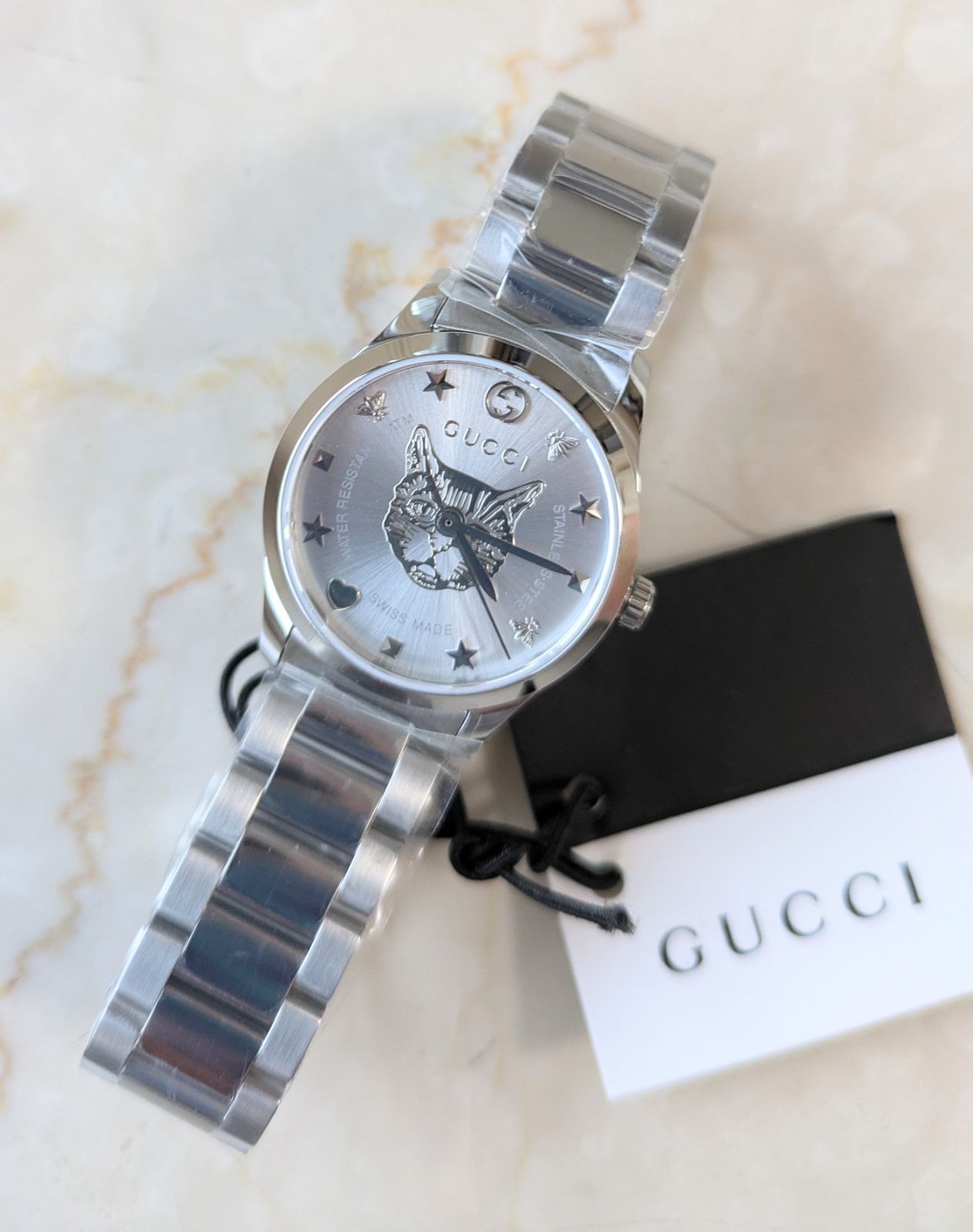 新品【GUCCI時計】猫 シルバー 27mm〔Gタイムレス〕レディース