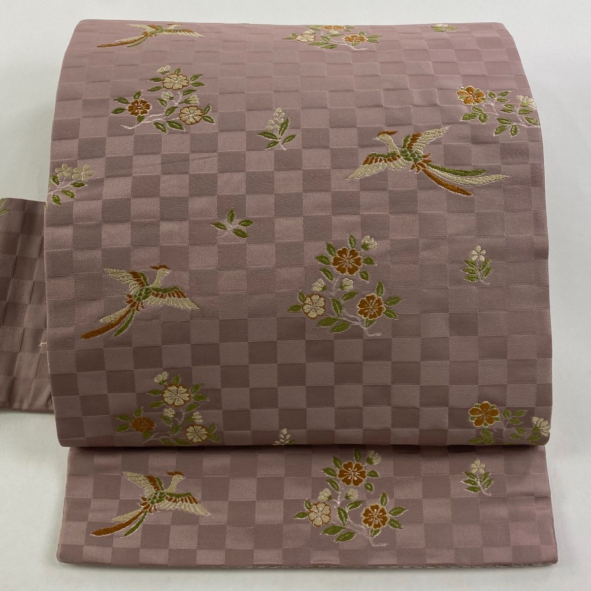 名古屋帯 秀品 比翼仕立て 花鳥 市松 銀糸 小豆色 正絹