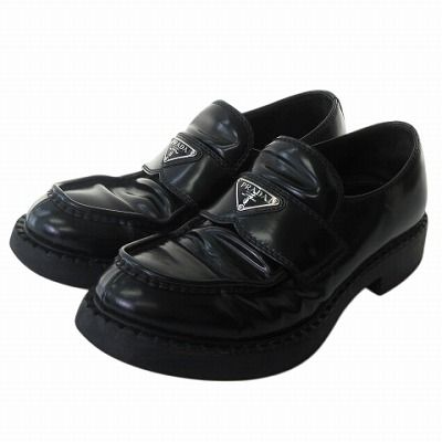 プラダ PRADA チョコレート ブラッシュドレザー ローファー レザーシューズ 革靴 黒 ブラック 8 約27cm AA