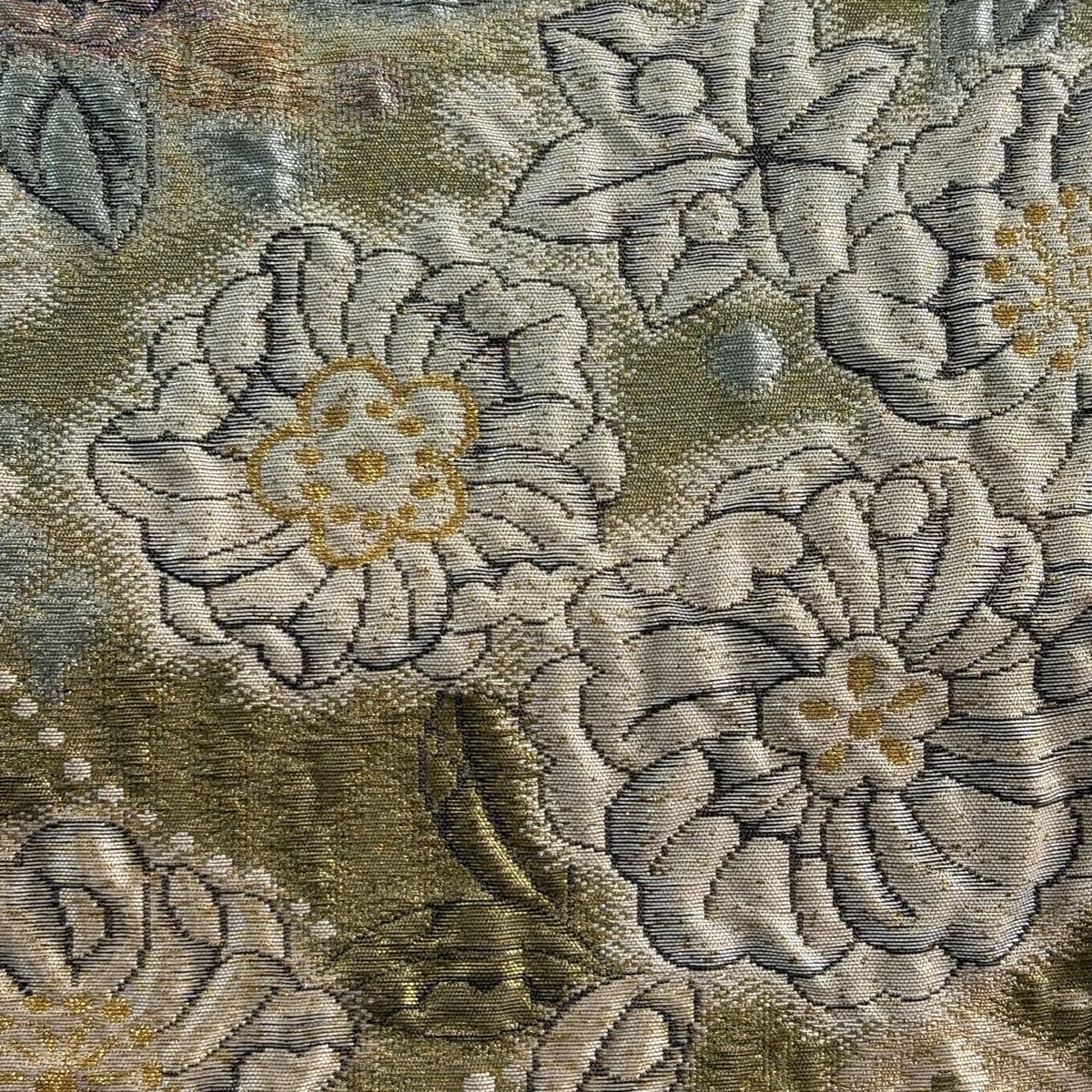 袋帯　辻が花模様　金茶 袋帯 美品 秀品 辻が花 菱 金糸 箔 茶緑色 六通 正絹 【中古
