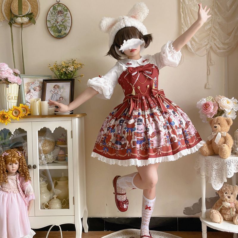 ドレスです 春夏コレクション オリジナルデザイン ロリータジャンパースカート JSK ワンピース リボン付き ホワイト＆ワインレッド 甘ロリ デイリー着用 フリルスカート 素材
