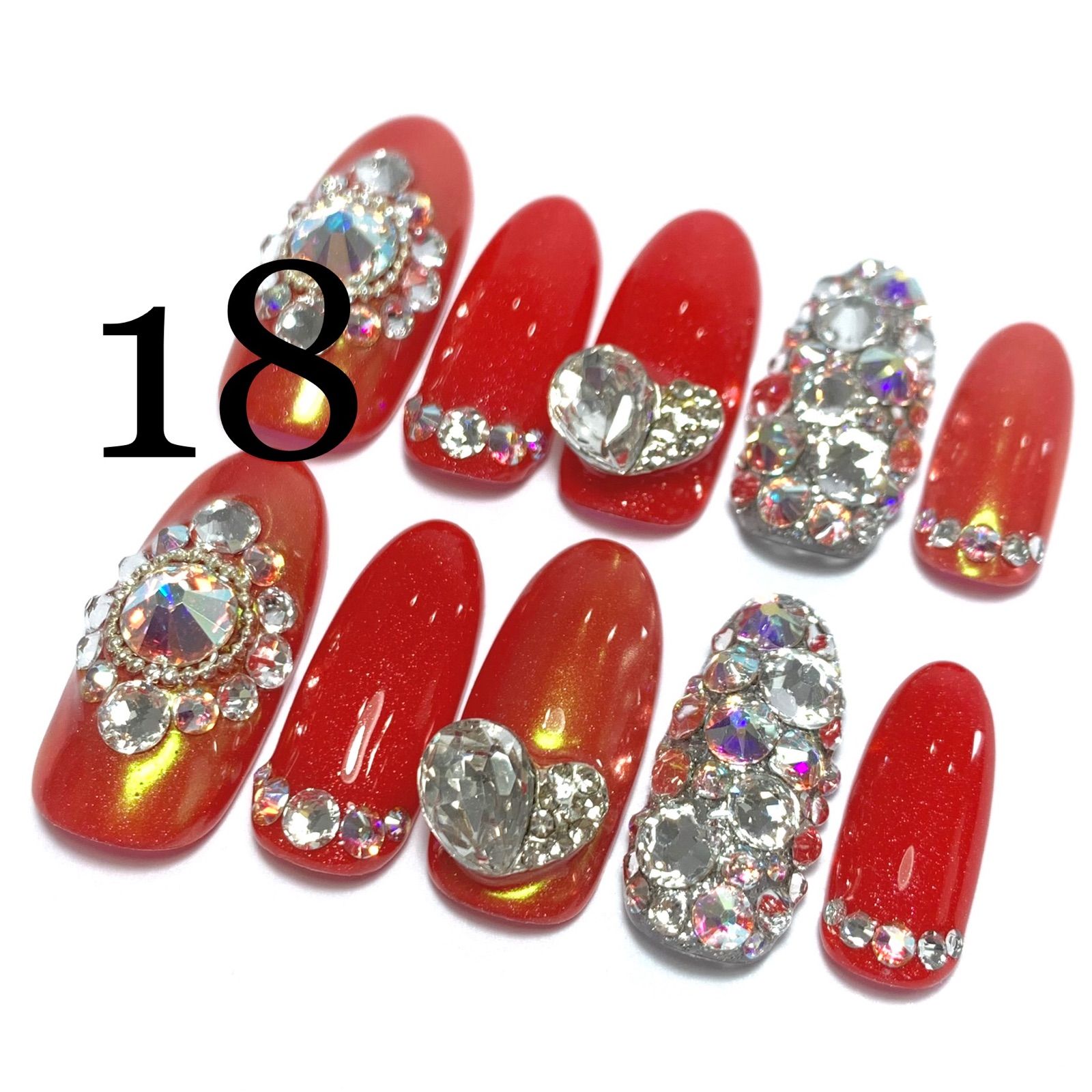 メルカリshops 18 赤 ストーン敷き詰めネイルチップ ハンドメイド ロング ジェルコート済