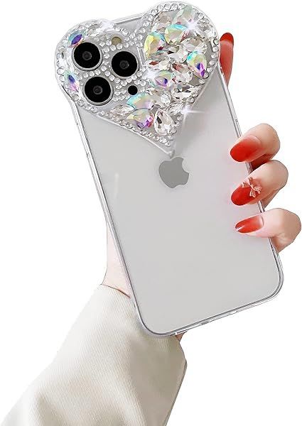 CrazyLemon 適用 iPhone 16 Pro ケース クリア 可愛い ハート形 キラキラ グリッター ラインストーン デザイン カメラ レンズ 保護 カバー、 アイフォン16プロ ケース シリコーン ソフト TPU 薄型 透明