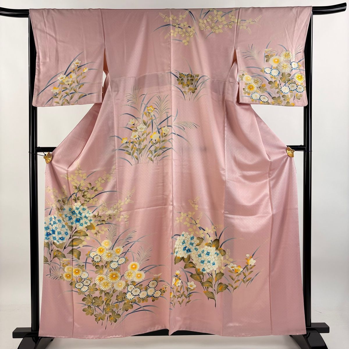訪問着 身丈160.5cm 裄丈66.5cm M 袷 紫陽花 菊 金彩 ピンク 正絹 秀品