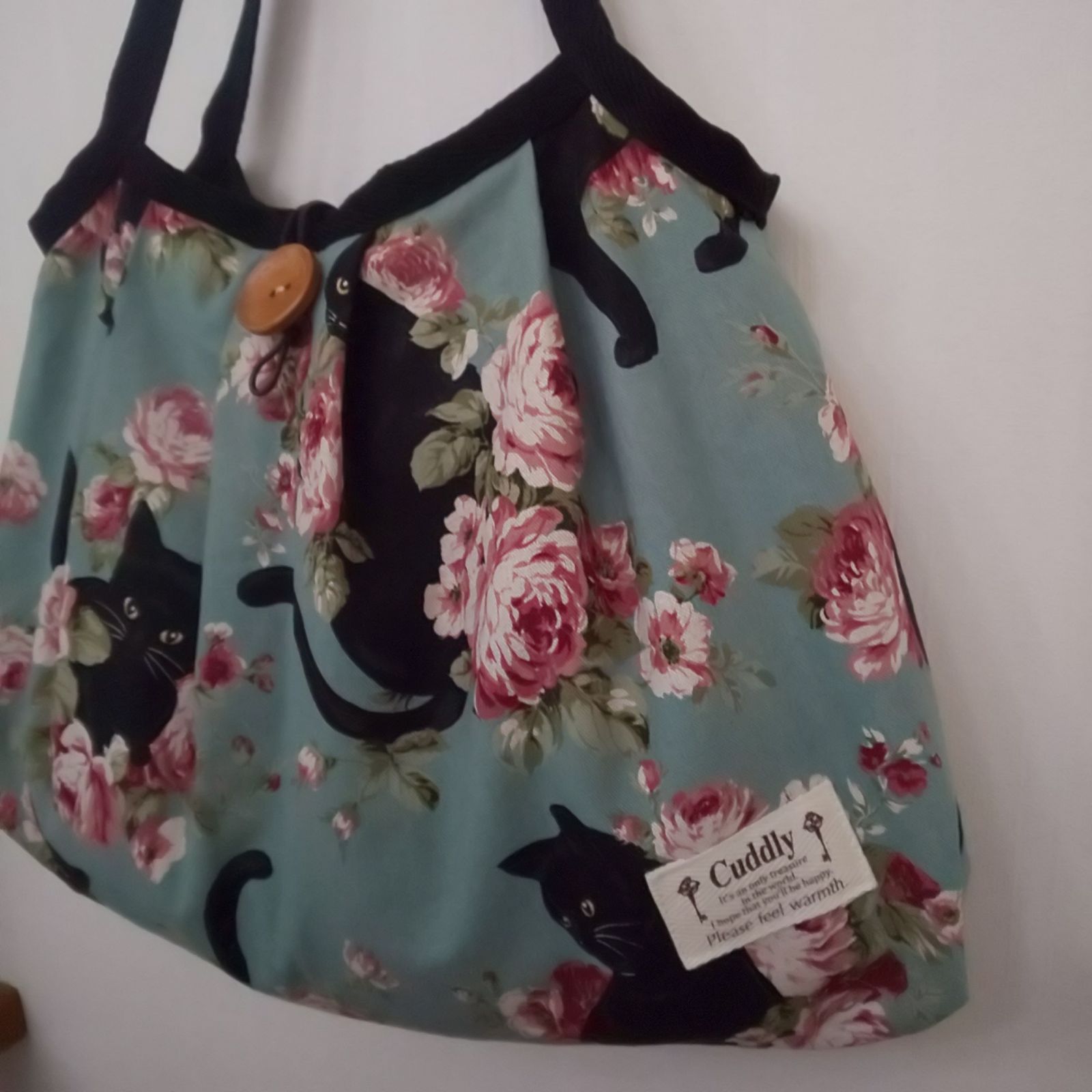 グラニーバッグLサイズ 黒猫と薔薇 アンティークブルー ハンドメイド 