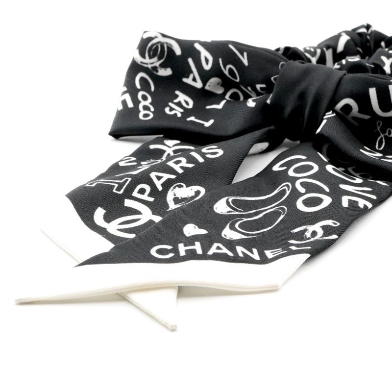 シャネル CHANEL ヘア シルク ブラック ホワイト ココマーク ロゴ リボン シュシュ ヘアゴム DECORATOM_COM_BR
