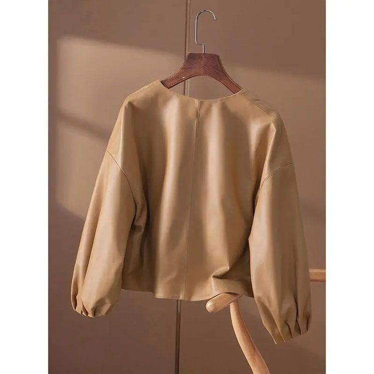 フェイクレザージャケット レディース ノーカラー ジャケット