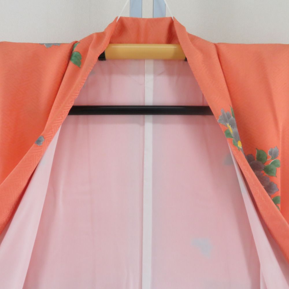 子供着物 オレンジ色x緑色 バチ衿 花模様 女児用 絹 身丈151cm - メルカリ