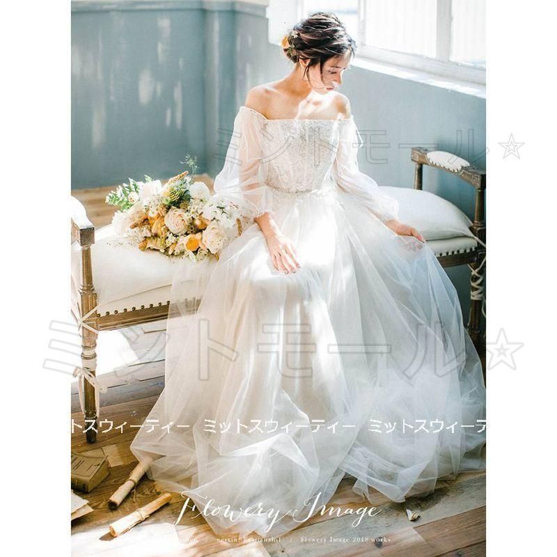 ウェディングドレス ウエディングドレス ロングドレス 結婚式 オフショルダー 二次会 花嫁 前撮りドレス オフホワイト ガーデンウェディン