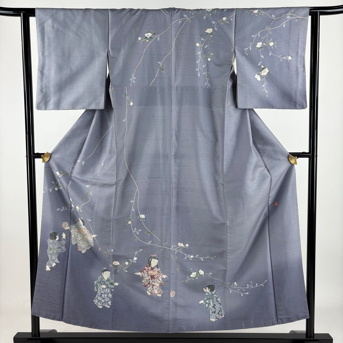 訪問着 身丈153cm 裄丈61.5cm S 袷 紬地 やまと 落款 童 枝花 ぼかし 灰紫 正絹 名品