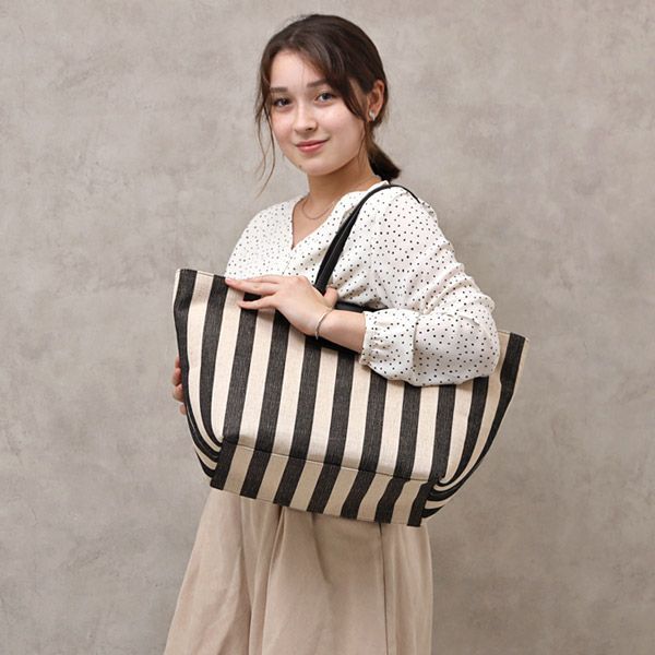 フルラ FURLA メラヴィリア MERAVIGLIA M TOTE コットン×リネン/レザー トートバッグ ストライプ ブラック系基調  [レディース] WB00510 BX0635 1007_TYY00