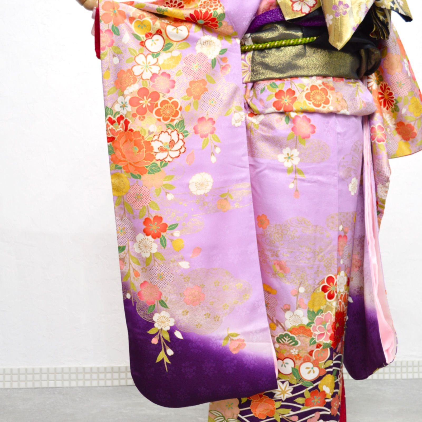 ラベンダー 振袖 薄紫 美品 正絹 振袖フルセット SS Mサイズ 成人式 金 