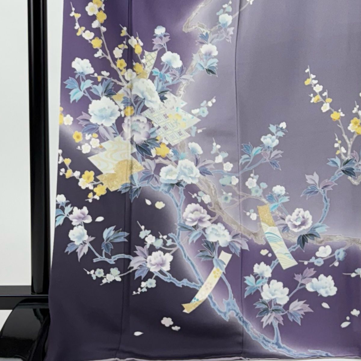 訪問着 身丈170cm 裄丈66.5cm M 袷 枝花 松皮菱 金彩 ぼかし 紫 正絹  