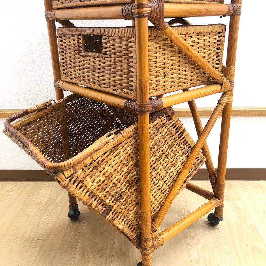 藤 ラタン ランドリー 三段チェスト 昭和 レトロ キャスター付き 藤 ラタン ランドリー 三段チェスト 昭和 レトロ キャスター付き