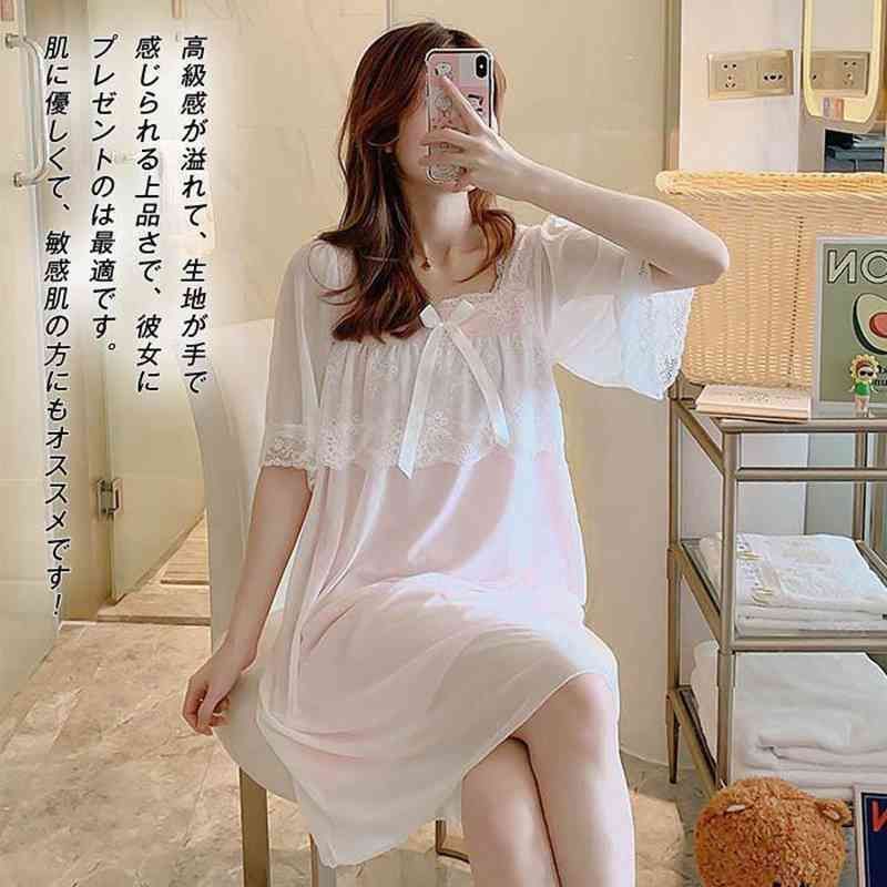 ネグリジェ 半袖 ルーム ワンピース ネグリジェ パジャマ ルームウェア 姫系 レディース ナイトウェア 柔らか フリル ゆったり Aライン min DECORATOM_COM_BR
