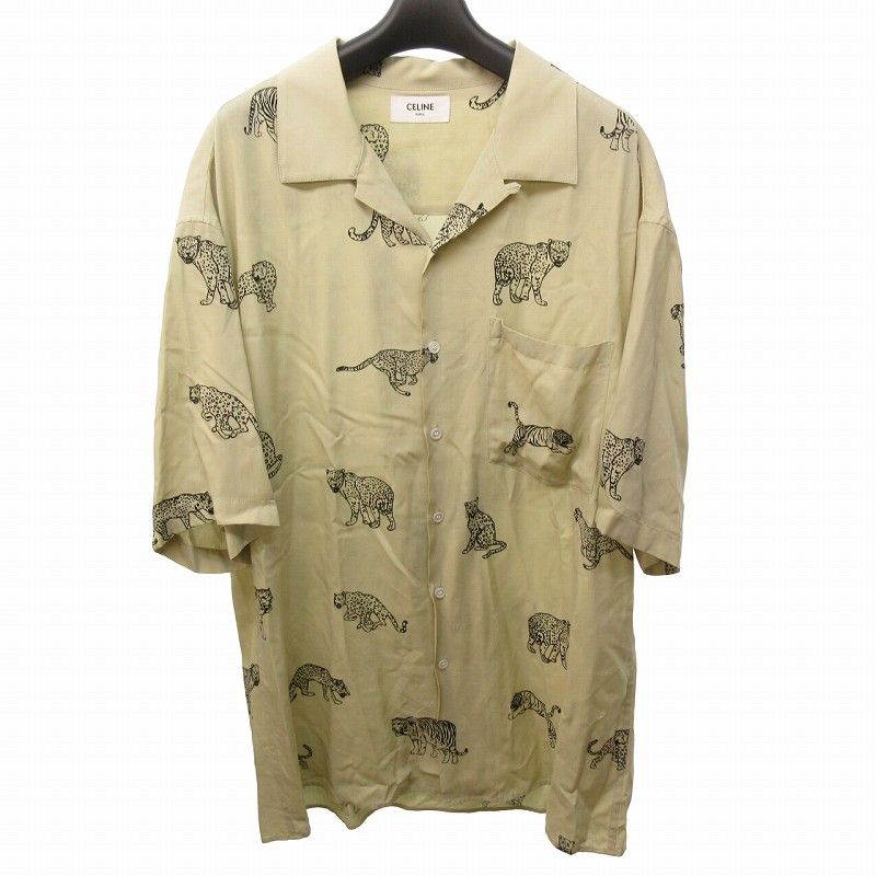セリーヌ CELINE 美品 22SS ハワイアンシャツ アロハシャツ アニマル 柄 ヒョウ レーヨン 半袖 2C730362Q ベージュ 37 約S 0325