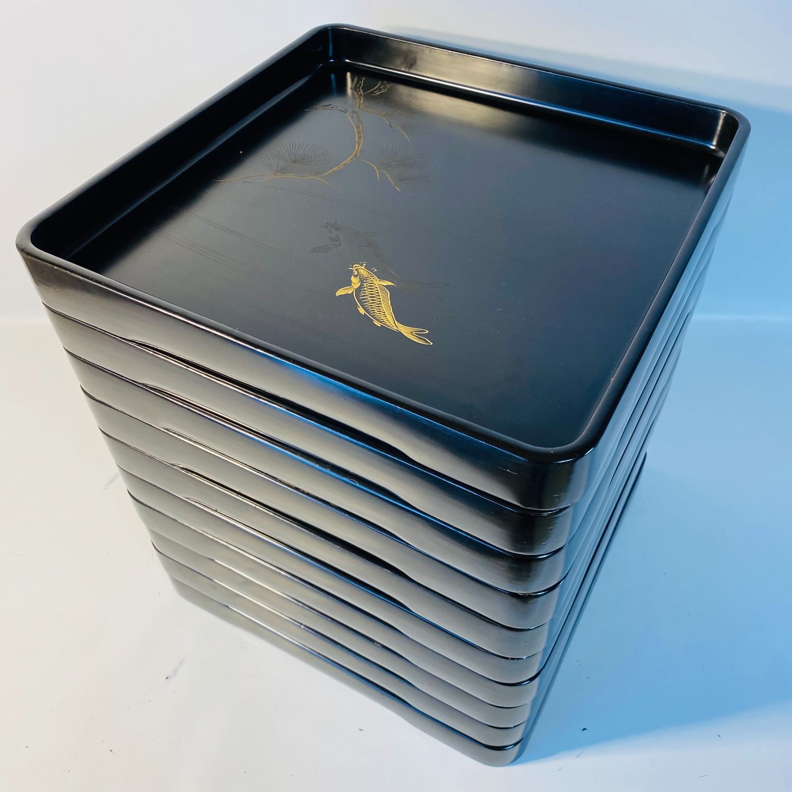 御膳 木製 漆器 松鯉絵 金蒔絵 10客セット 膳 お膳 会席膳 懐石膳 二度塗
